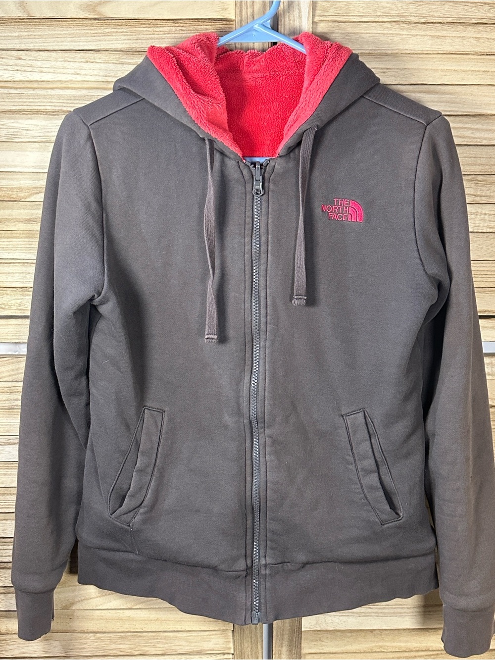 The North Face Brown Zip-Up Hoodie with Pink Hood Lining